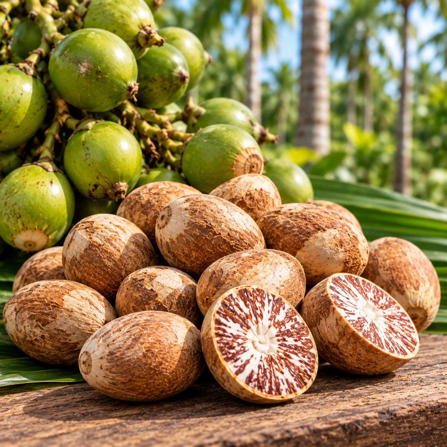Sun-dried whole round areca nuts and split halves