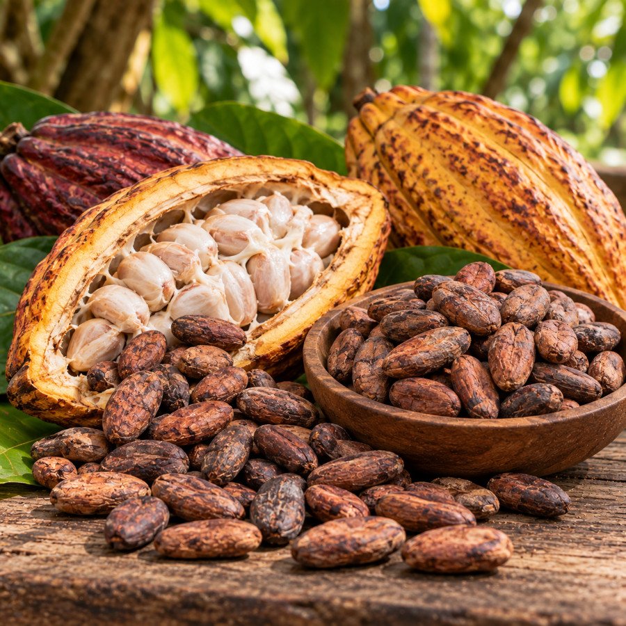 Fermented dried cocoa beans with rich brown shells
