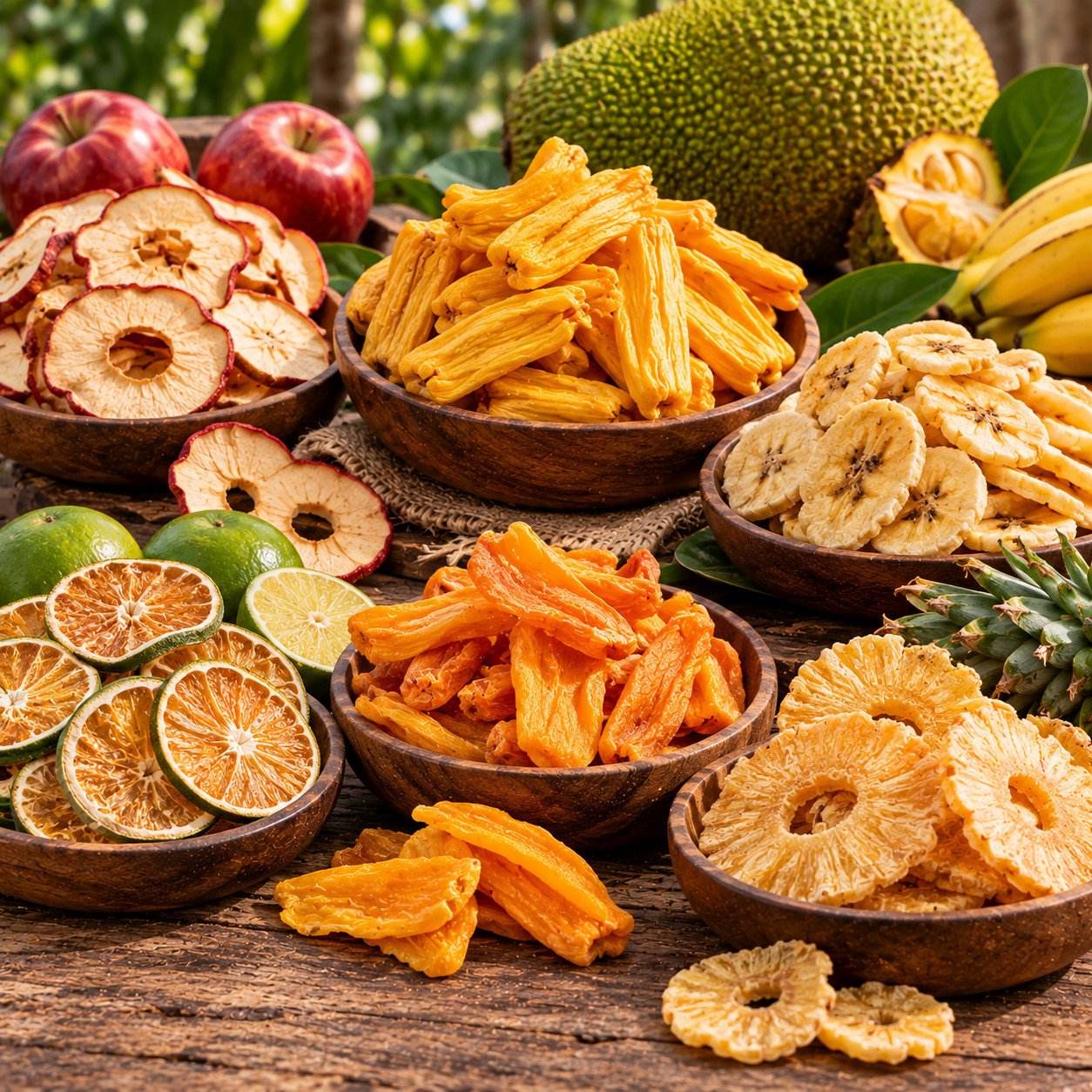 Golden dried mango slices, pineapple rings and papaya on clean dishes