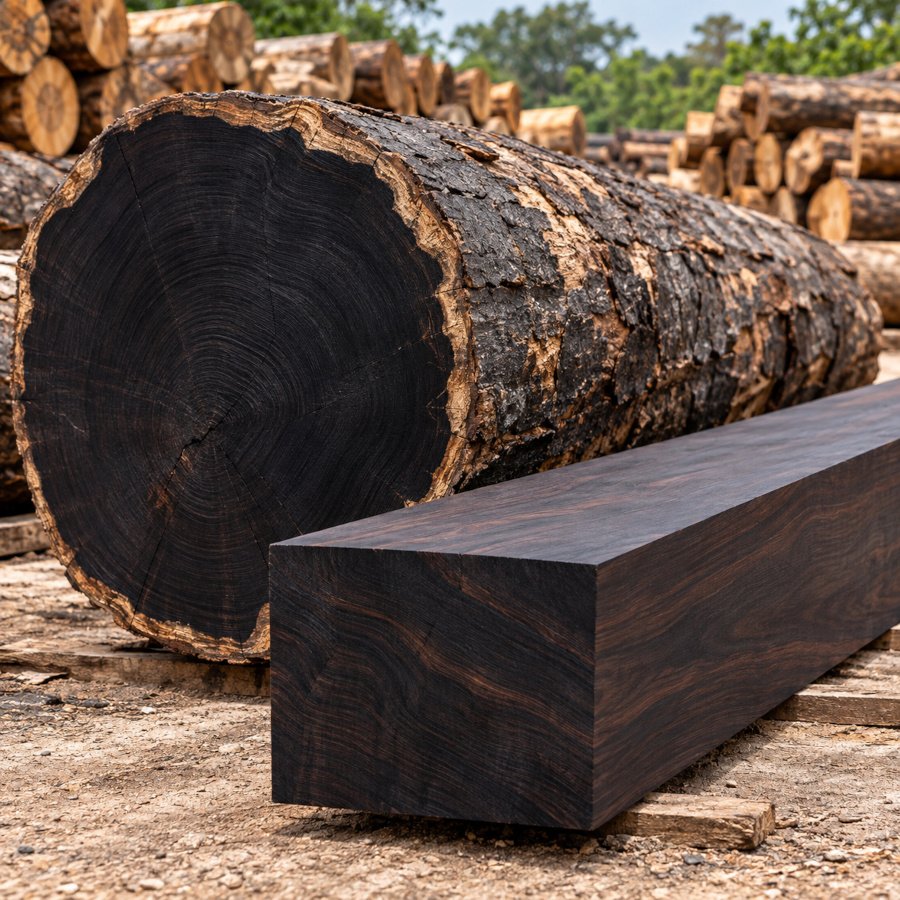 Solid jet-black and marble-streaked ebony turning billets
