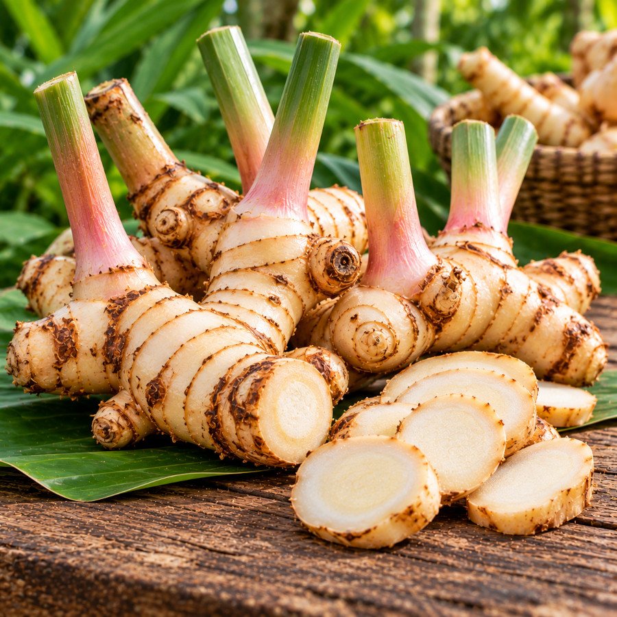 Fresh greater galangal roots with trimmed nodes