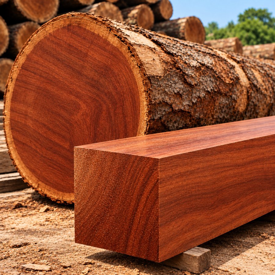Kiln-dried sawn mahogany boards stacked in bundles