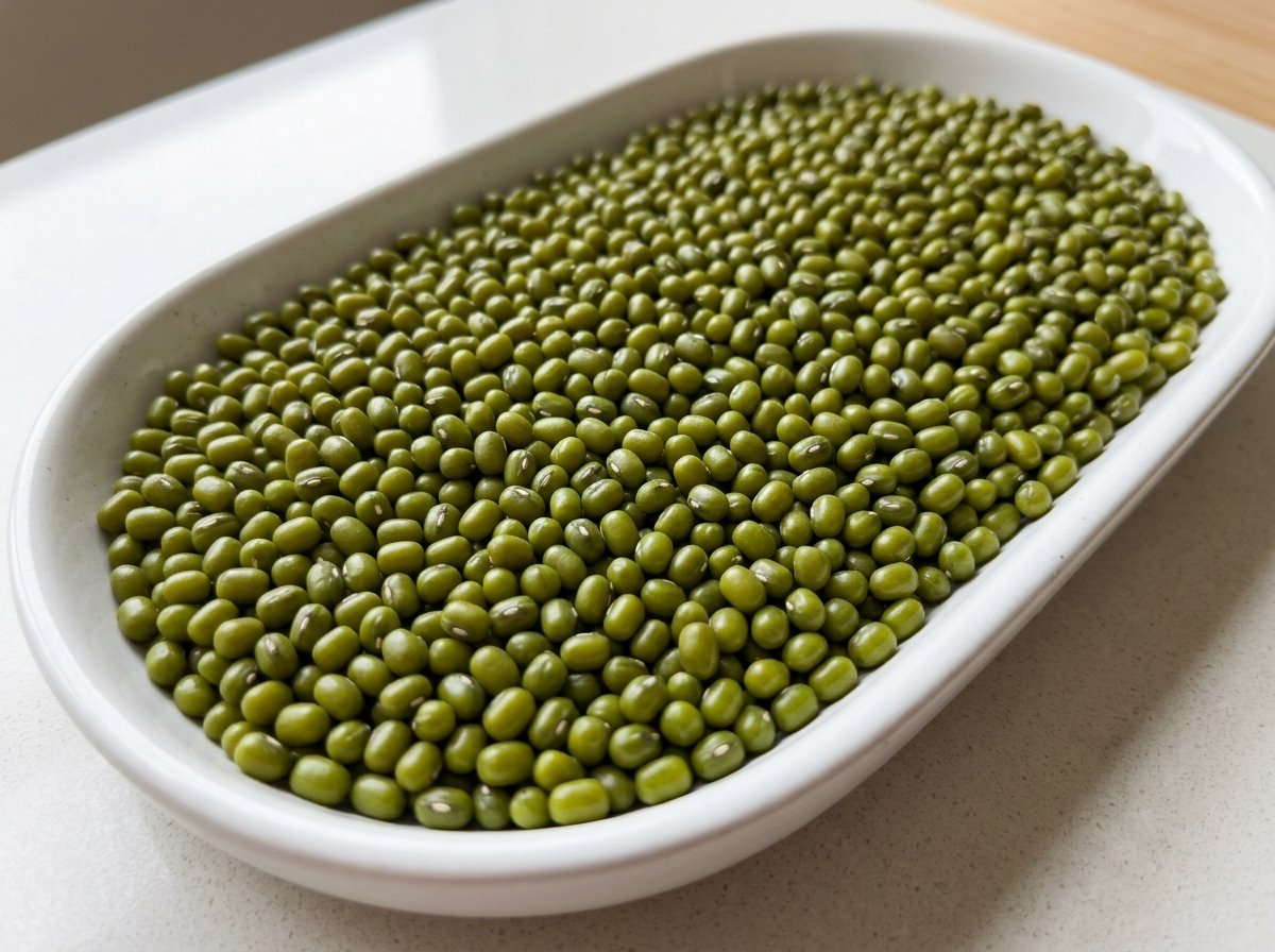 Whole green moong beans on neutral grading table