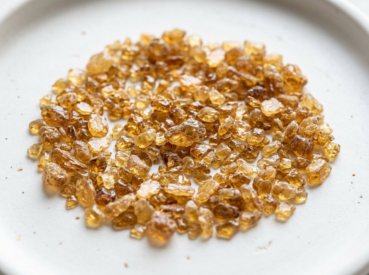 Golden-amber granular seedlac grains on neutral sample card