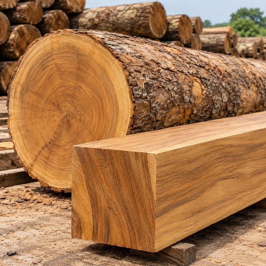 Sawn teak stacked in a mill yard, end grain to camera