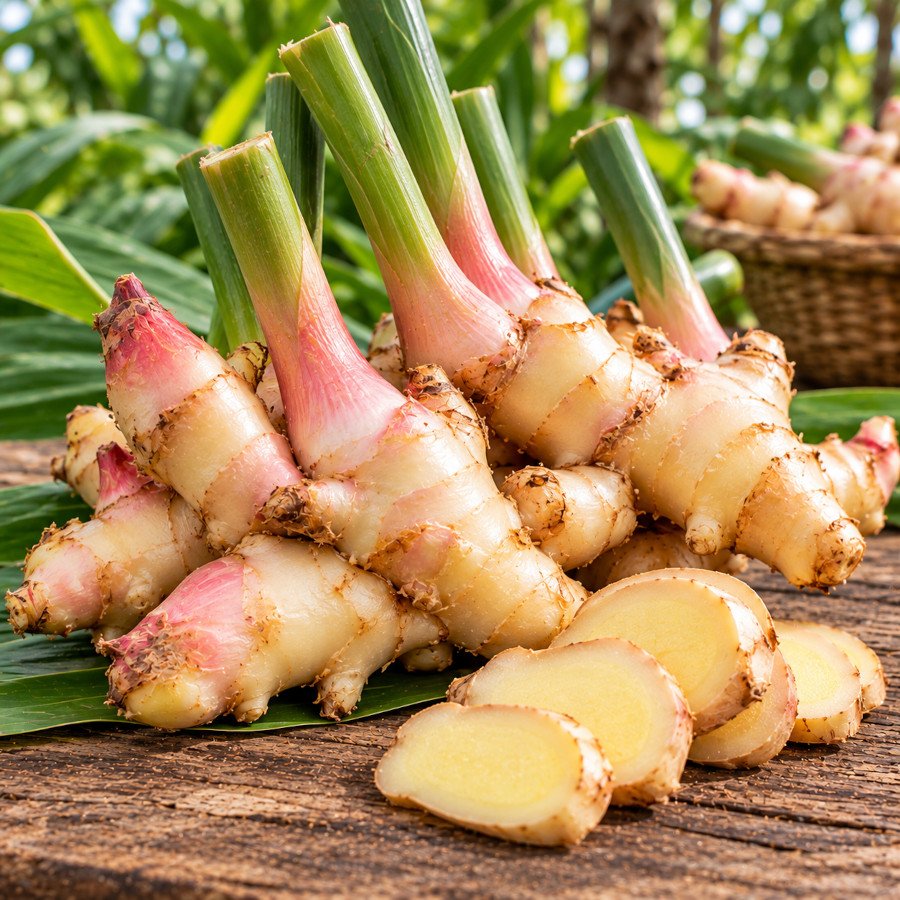 Clean washed fresh ginger hands on grading table