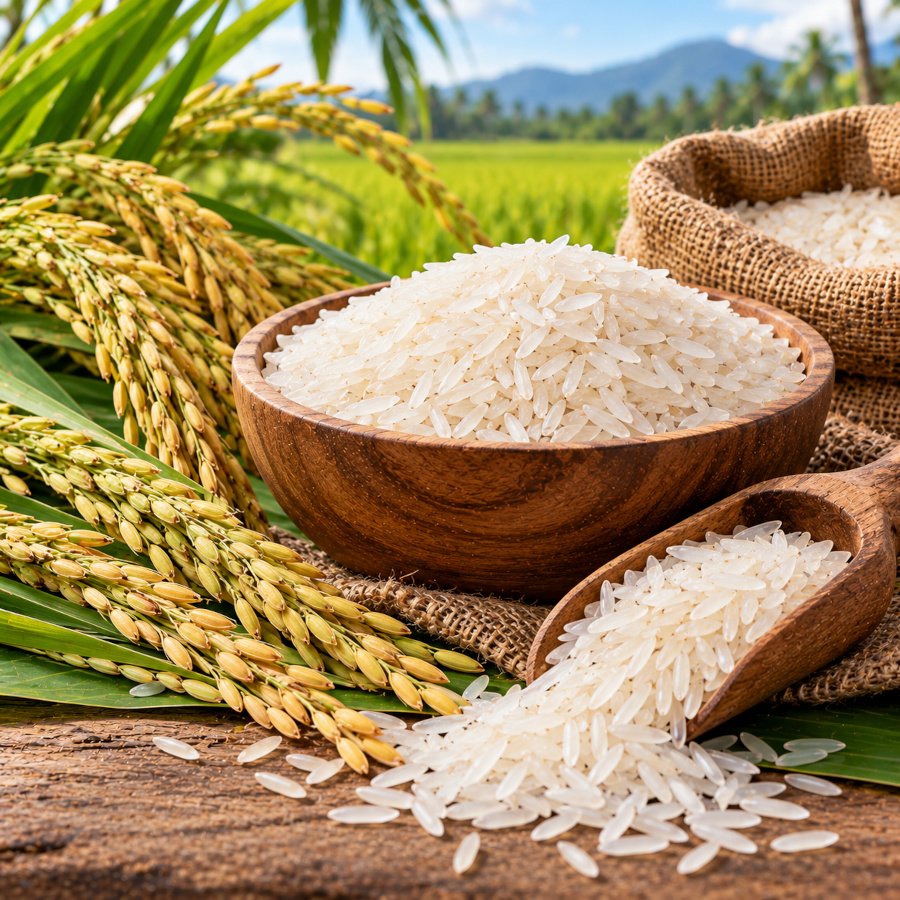 Polished long-grain Jasmine rice kernels in measuring tray