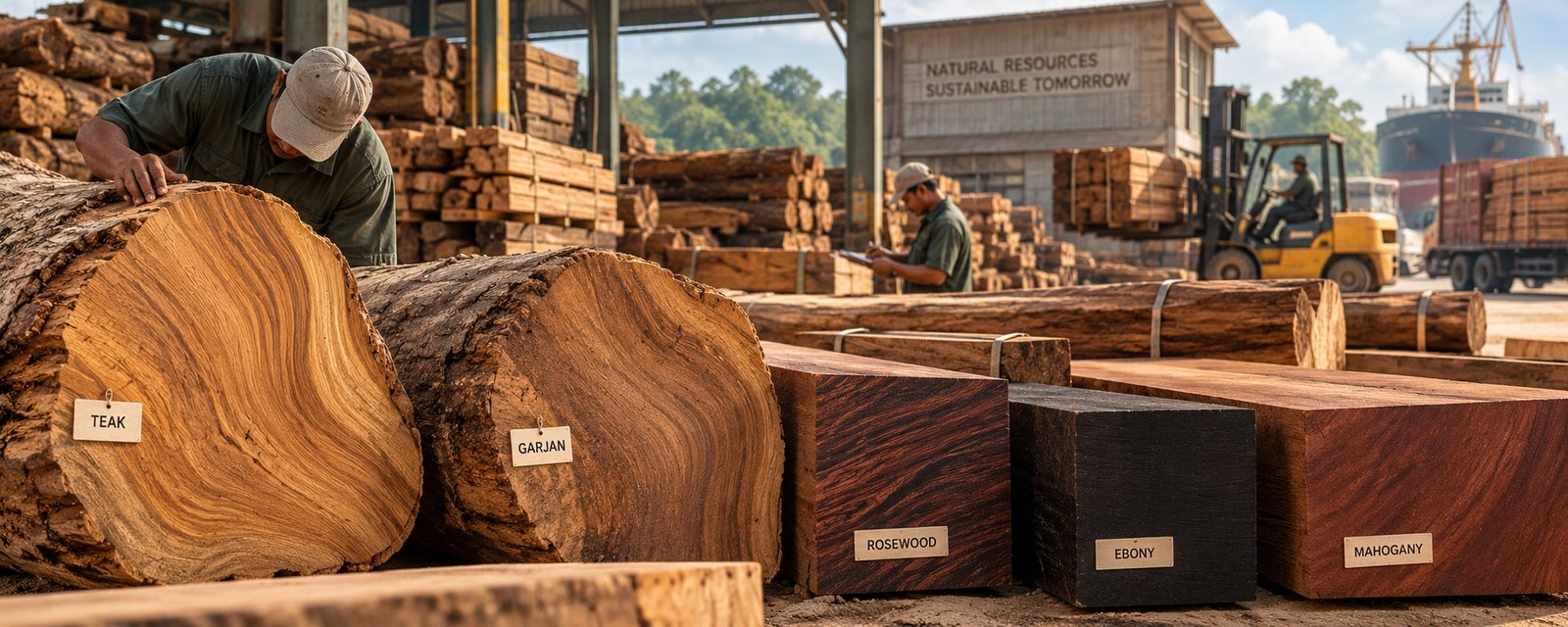 Sawn teak stacked, mill yard