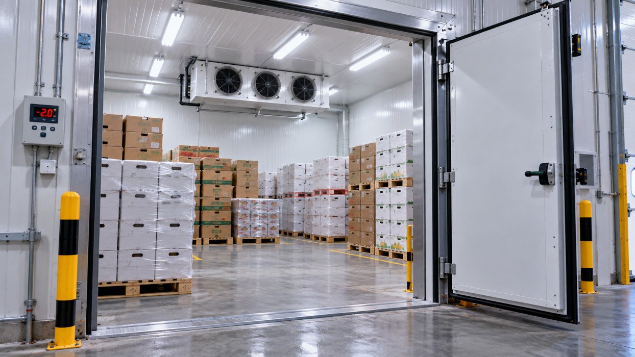 Cold room interior — stacked cartons, door open