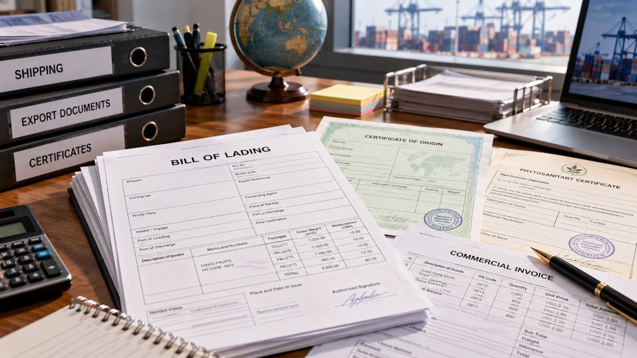 Document file on a desk — bill of lading, certificates